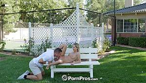 Tiny blonde blows big cock on bench for facial