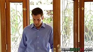 Naughty babysitter sucks cock while masturbating in high definition.