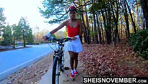 Yo, check this red thong pulled outta ebony pussy! MsNovember gets fucked hard after bike ride.