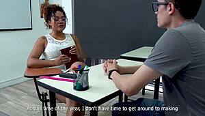 Ebony milf teacher Carla Morelli bangs young nerdy student in rough interracial sex