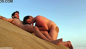 Gay nudist teases with blowjob on beach almost gets caught fucking