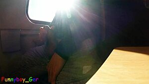 watch this horny young guy jerk off spontaneously on a moving train, ending with a big cumshot