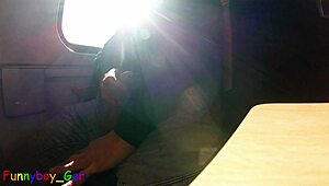 watch this horny young guy jerk off spontaneously on a moving train, ending with a big cumshot
