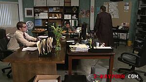 office nerd bangs two sluts in wild 3-way group action at work