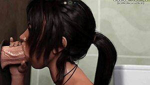 Big tits Lara Croft sucks black and white cocks in hentai?