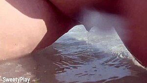 Curvy wife shaves smooth before peeing openly on a public beach