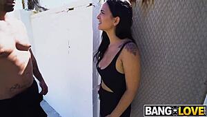 claudia bavel gets a rough public fuck with cum in mouth