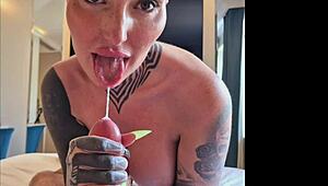 Tattooed Ass Babe Rides Hard With Deepthroat Gagging Action