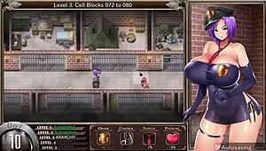 karryn falls again in prison, showing her big tits and ass.