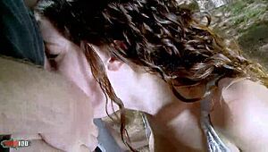 Watch this brunette babe deepthroat and squirt outdoors?