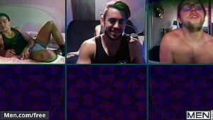 Can you believe these six hunks on a video call? Some drilling holes with dildos, others stroking cocks!