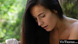 Tattooed lesbian explores sexy brunette in forest before intense fingering and licking