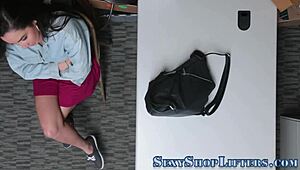 Busty thief caught, forced to tug and suck in intense scene.