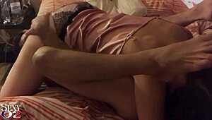 french amateur slut in satin shorty and heels for doggy blowjob