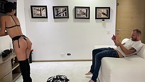 Brunette lingerie model seduces photographer in backroom before the shoot