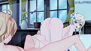 lumine and keqing with aether in intense 3d hentai creampie sex, big tits and teen cartoon boobs