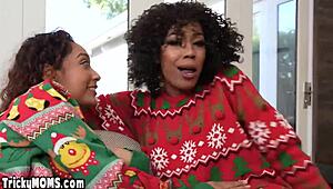 Interracial group sex with an ebony MILF and a black teen with a big cock