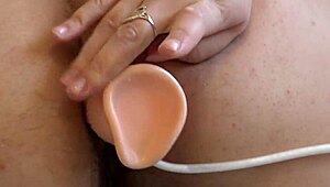 mature bbw in stockings masturbates with dildo, cream flows from hairy asshole, juicy pawg pussy