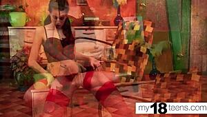 My18teen babe drills pussy with huge toy, closeup orgasm madness