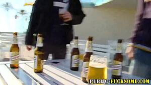 Petite babe gives public handjob and blowjob in lingerie