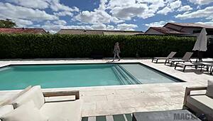 busty blonde katalina kylie gets her fake tits sucked and ass fucked by j mac outside the pool. monster cock stretches her petite body