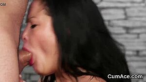 wicked bombshell gets jizz shot on her face gulping all the jizm