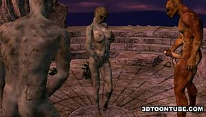 3D animated zombie woman gets gang banged outside