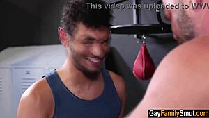 Gay stepdad and stepson work out then fuck