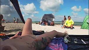 exhibitionist wife mrs kiss shows nude beach voyeur jerking off