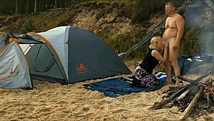 Desert Island Couple with Big Natural Tits in Voyeur Train Scene