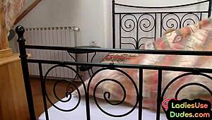 bondage sissy gets strapon action from femdom cfnm trio