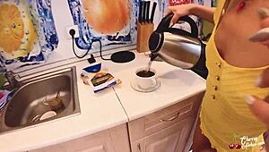 Hot housewife blowing, ass-fucking, swallowing cum with coffee in kitchen! ☕