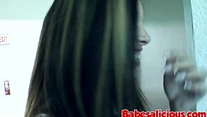 I saw this small brunette with big tits gettin the time of her life with facial