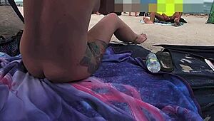 exhibitionist wife mrs kiss shows nude beach voyeur jerking off