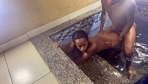 skinny slut takes cock in kitchen and pool