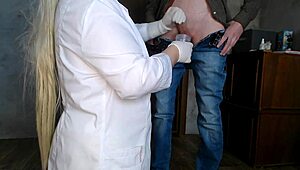 kneeling milf nurse takes cum analysis in tight latex gloves