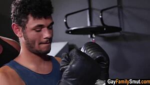 Gay stepdad and stepson work out then fuck