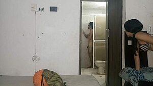 Stunning Latina brunette spies on stepbrother in shower for hot sex.