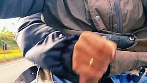 hotwife jerks off on the road until cum, almost caught