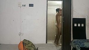 Stunning Latina brunette spies on stepbrother in shower for hot sex.