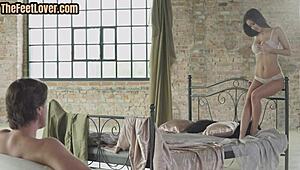 footjob beauty gets her shaved pussy licked then tugs hard with feet, damn she's flexible!