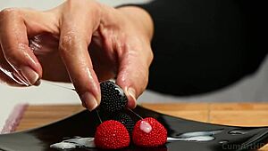 Cfnm handjob spills cum on candy berries