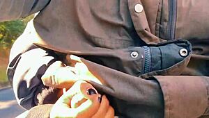 hotwife jerks off on the road until cum, almost caught