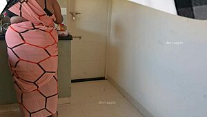 Tamil house owner boldly jerks cock in kitchen, flashing nude to maid sasikala