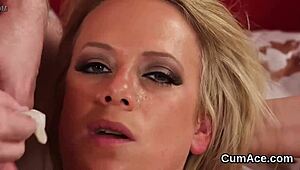 nasty babe gets facial cumshot and swallows every drop of jizm