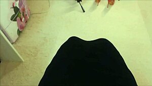 Hot curvy milf moans intensely while stroking cock in tan pantyhose and high heels from pov