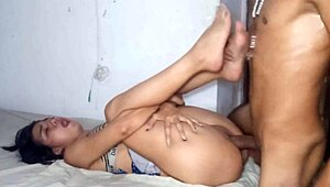 Stunning Latina brunette spies on stepbrother in shower for hot sex.