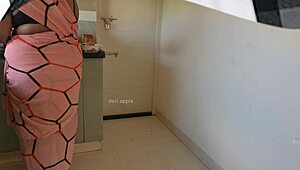 Tamil house owner boldly jerks cock in kitchen, flashing nude to maid sasikala