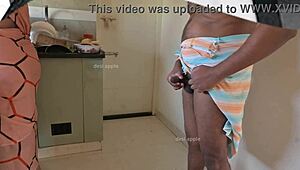 Tamil house owner boldly jerks cock in kitchen, flashing nude to maid sasikala