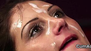 peculiar hottie takes jizz load on face during blowbang